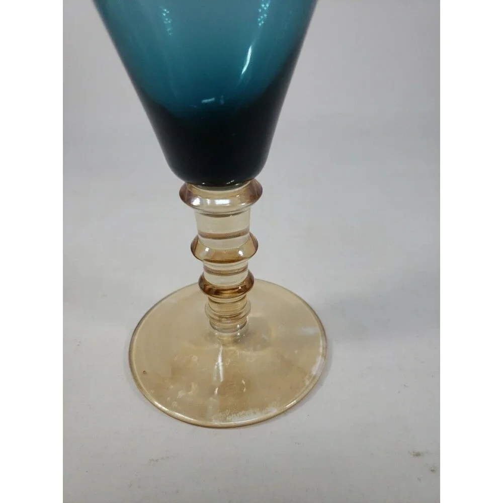 Vintage MCM Smoky Blue Glass Goblet Amber Stepped Ribbed Stem 2-Tone Wine Glass